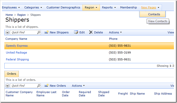 Contacts page added under 'New Pages' and no data view added under Shippers