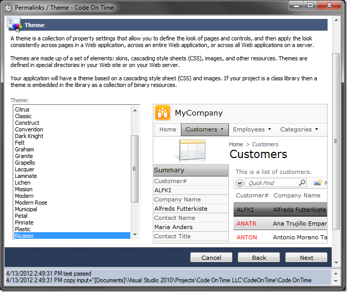 'Ricasso' theme selected in Code On Time Project Wizard 