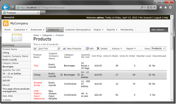 Product selected on Products page in web application generated with Code On Time