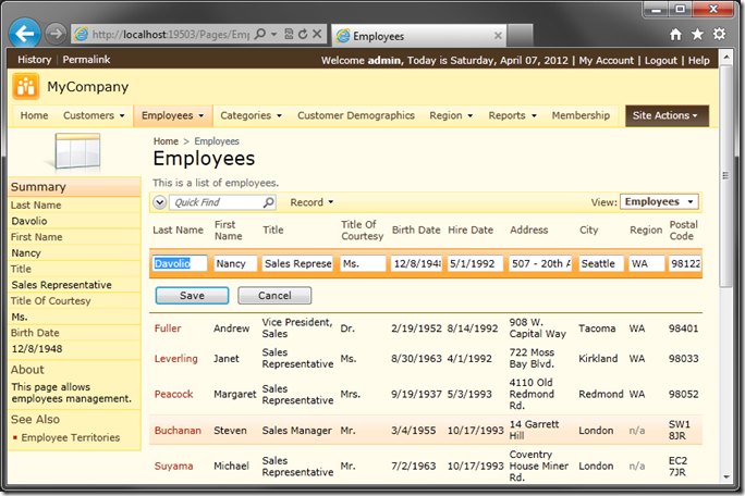 Default 'grid1' view template for Employees in Code On Time web application