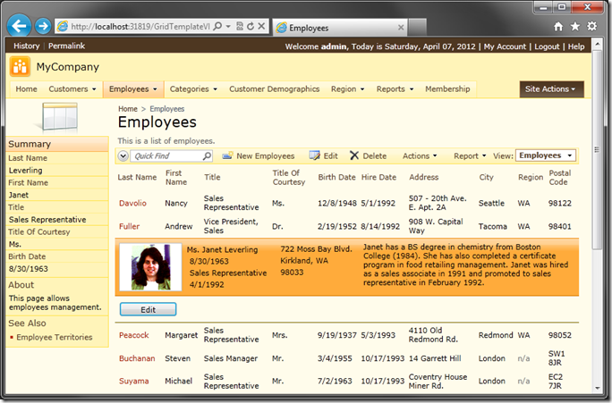 Employees grid view with custom template and Edit button