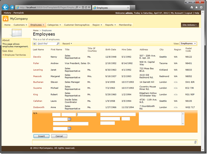 Employee record using custom template with inline new mode