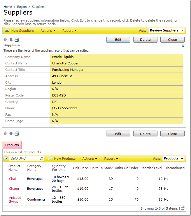 In-place form view of a selected master record in Suppliers page in Code On Time web application