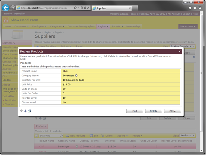 Modal form view displaying a selected child Products on Suppliers page in web application created with Code On Time