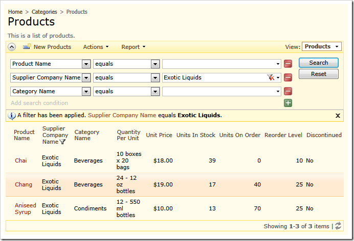 Denormalized presentation of products includes category and supplier information