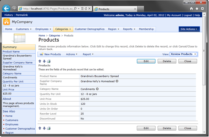 Baseline editForm1 of Products controller in Code On Time web application