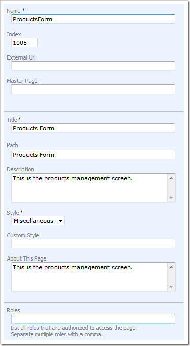 New 'ProductsForm' page in Code On Time Designer