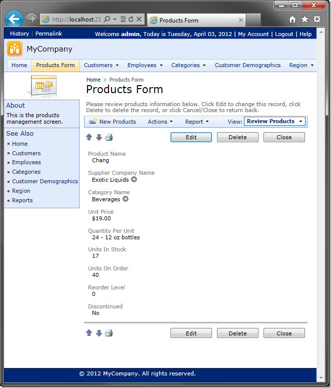 Fields displayed in vertical list with labels above the data using custom layout in Code On Time web application