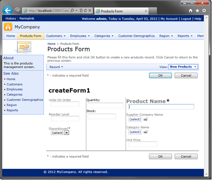 Altered 'createForm1' custom layout in Code On Time web application