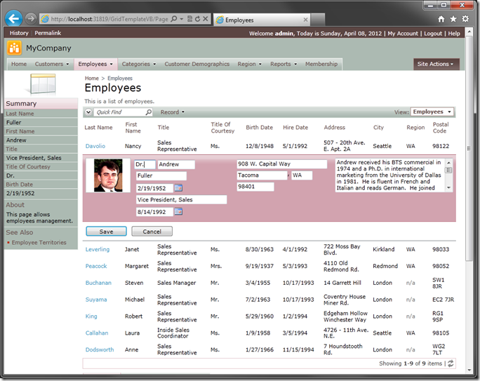 Generic custom grid template for inline edit mode of Products grid view in Code On Time web application