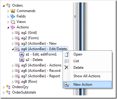 Adding a new action to a 'flat' action group in a Code On Time web application