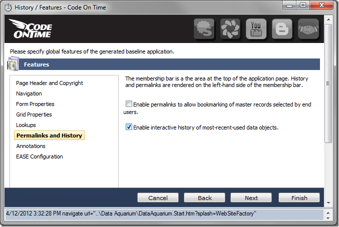 'Enable interactive history of most-recent-used data objects' option under 'Permalinks and History' of Code On Time Project Wizard