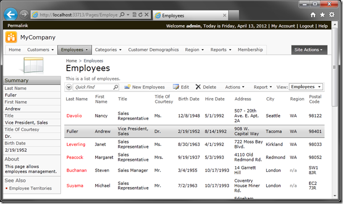 Selected employee record in Code On Time web application