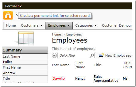 Permalink option on membership bar of a Code On Time web application