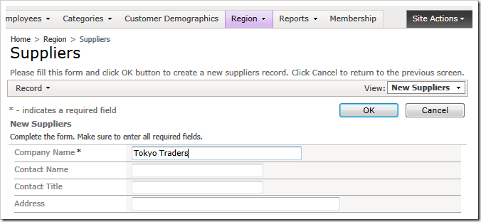 Entering  a new supplier record in the Northwind sample app