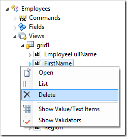 Delete 'FirstName' data field from 'grid1' view of Employees data controller
