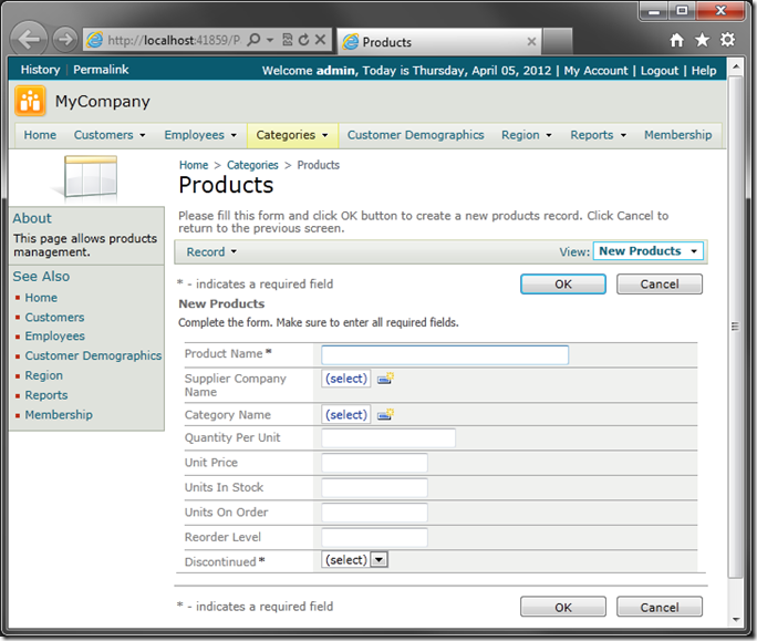 Default 'createForm1' view of 'Products' in sample Code On Time web application