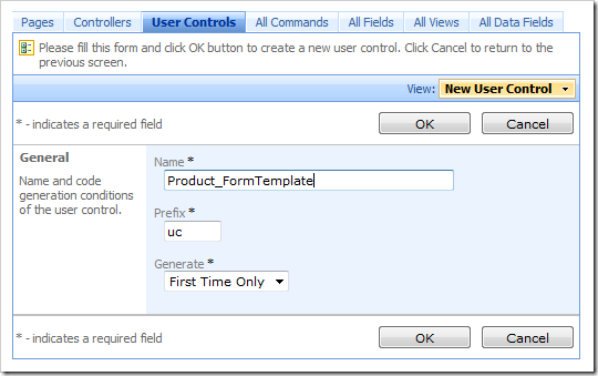 New user control 'Product_FormTemplate' in Code On Time Designer