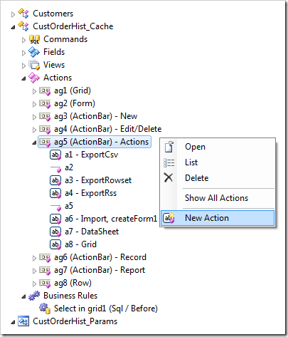 Adding a new action to an action group in Project Explorer of Code On Time web application generator