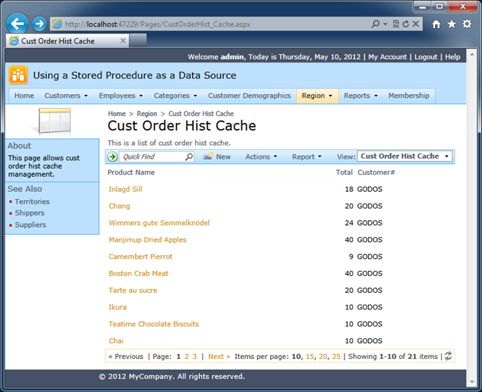 The enhanced output caching script uses the value of @Parameters_CustomerID parameter as a filter