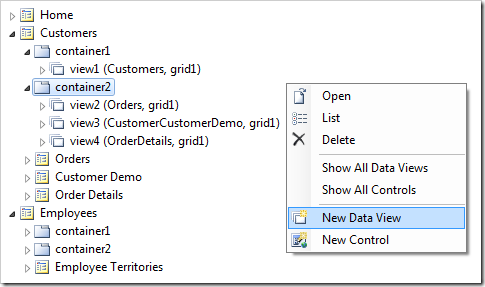 Adding a data view to a page container in a web app created with Code On Time application generator