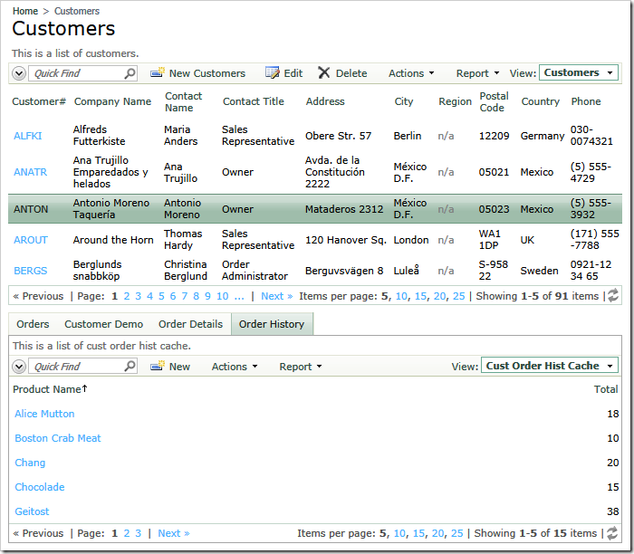 Selection of a master data row in a grid view causes execution of the output caching script. The stored procedure 'CustOrderHist' is invoked if more that 30 seconds have passed since the last selection of the master data row.