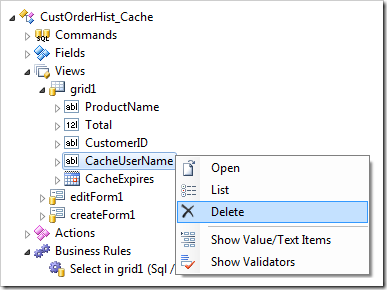 Deleteing a data field in a Code On Time web application project