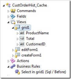 View of the customized output cache controller 'CustOrderHist_Cache' in Project Explorer