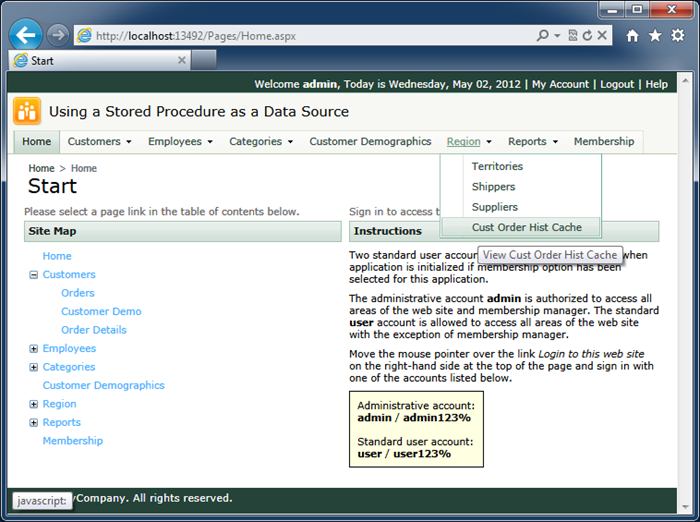 Navigating to the dedicated page of the output cache table 'CustOrderHist_Cache' in the Northwind project