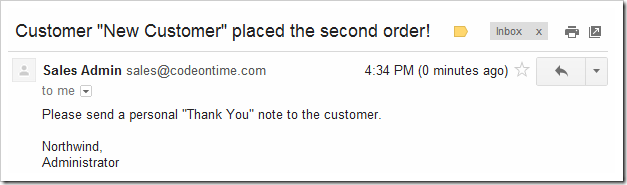 'Thank You' note reminder in the Gmail inbox of the sales person