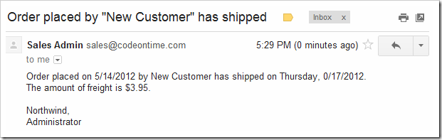 The shipping notification in the Gmail inbox of the sales representative. 
