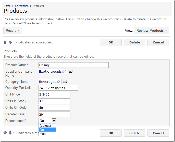 'Discontinued' field with items style of 'Drop Down List'