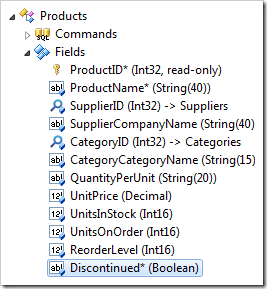 Discontinued field of the Products controller in the Project Explorer