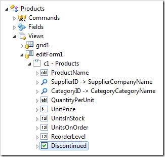 Discontinued data field in the editForm1 data view of Products controller