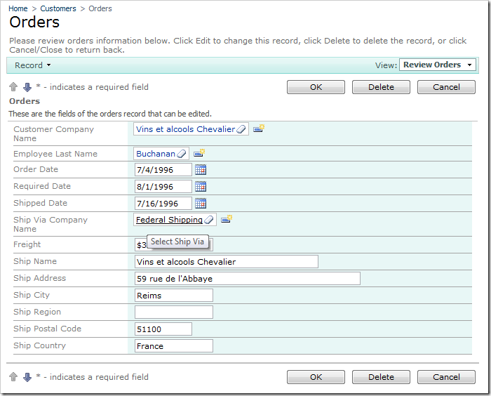 Ship Via Company Name field rendered as a lookup on the Orders edit form.
