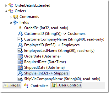 ShipVia field in the Orders controller in Code On Time Project Explorer.