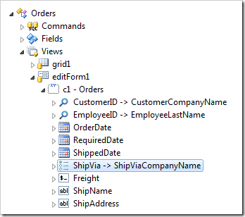 ShipVia field in Orders controller presented in Project Explorer.
