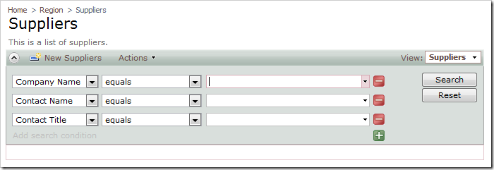 Suppliers grid view opened in search mode with Advanced Seearch Bar displayed and no records requested.