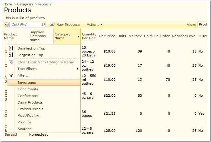 Select the 'Beverages' filtering option from the Category Name column header.
