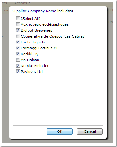 Include several filtering parameters for 'Supplier Company Name' field