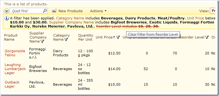 Clear a filter from the list of products by clicking on the specific filter description.