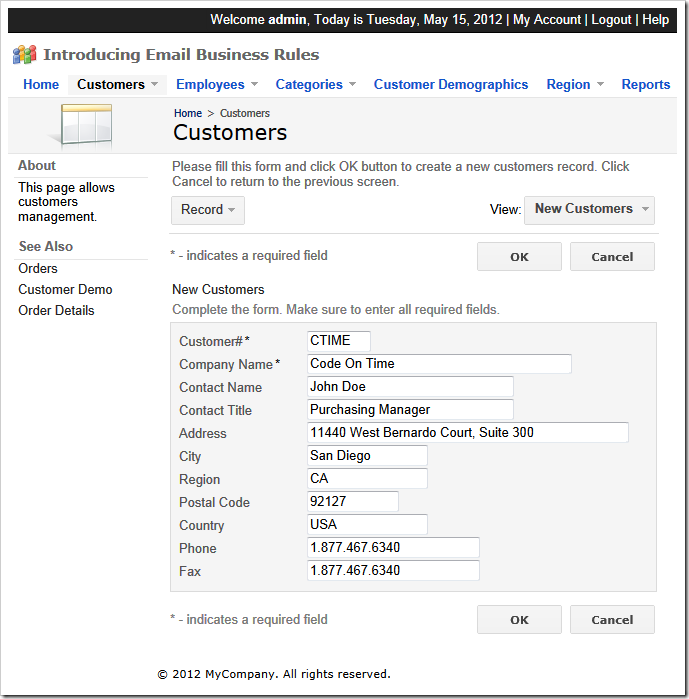 Adding a new customer record in Northwind sample created with Code On Time web application generator for ASP.NET, Windows Azure, DotNetNuke, and Microsoft SharePoint