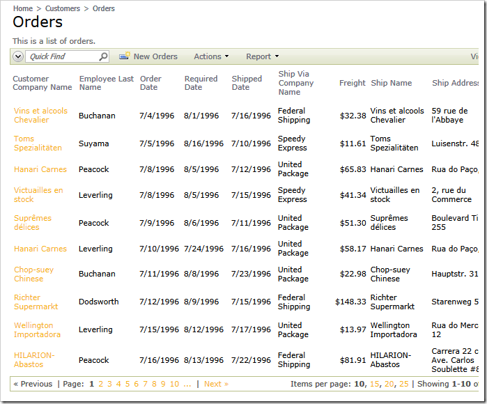 A list of orders in the Northwind sample