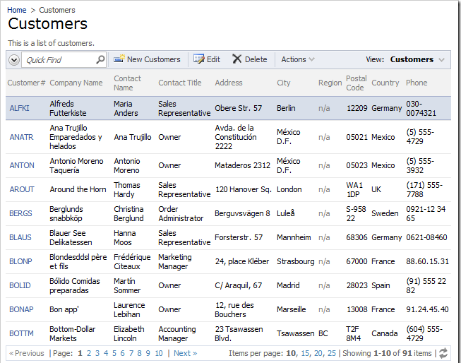 Northwind web application using Classic page layout.