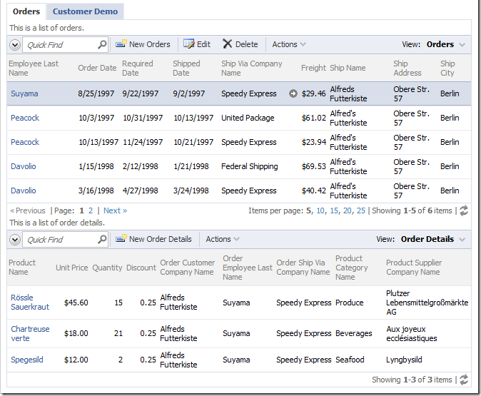 Northwind web application with three-level master/detail layout arranged using tabs.