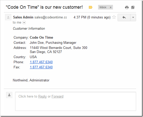 An email notification send by Email Business Rule when a new customer record is created in the database