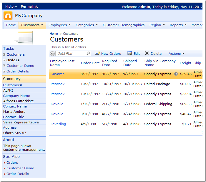 Select a child data view option in the Tasks box, and the current controller will be replaced by the requested data view.