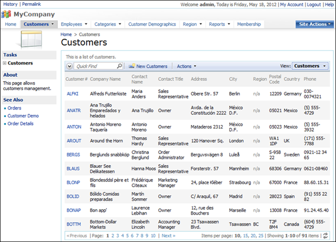 Customers page with Stacked layout without any record selected.