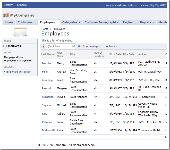 Employees page of a Code On Time web application using Social theme.