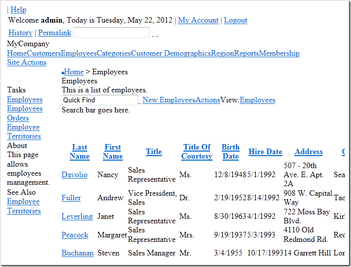 Employees page of a Code On Time web application with CSS disabled.